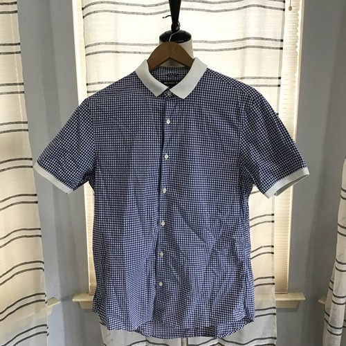 Michael Kors Men Size Med Blue Slim Short Sleeve Gingham Button Down Shirt