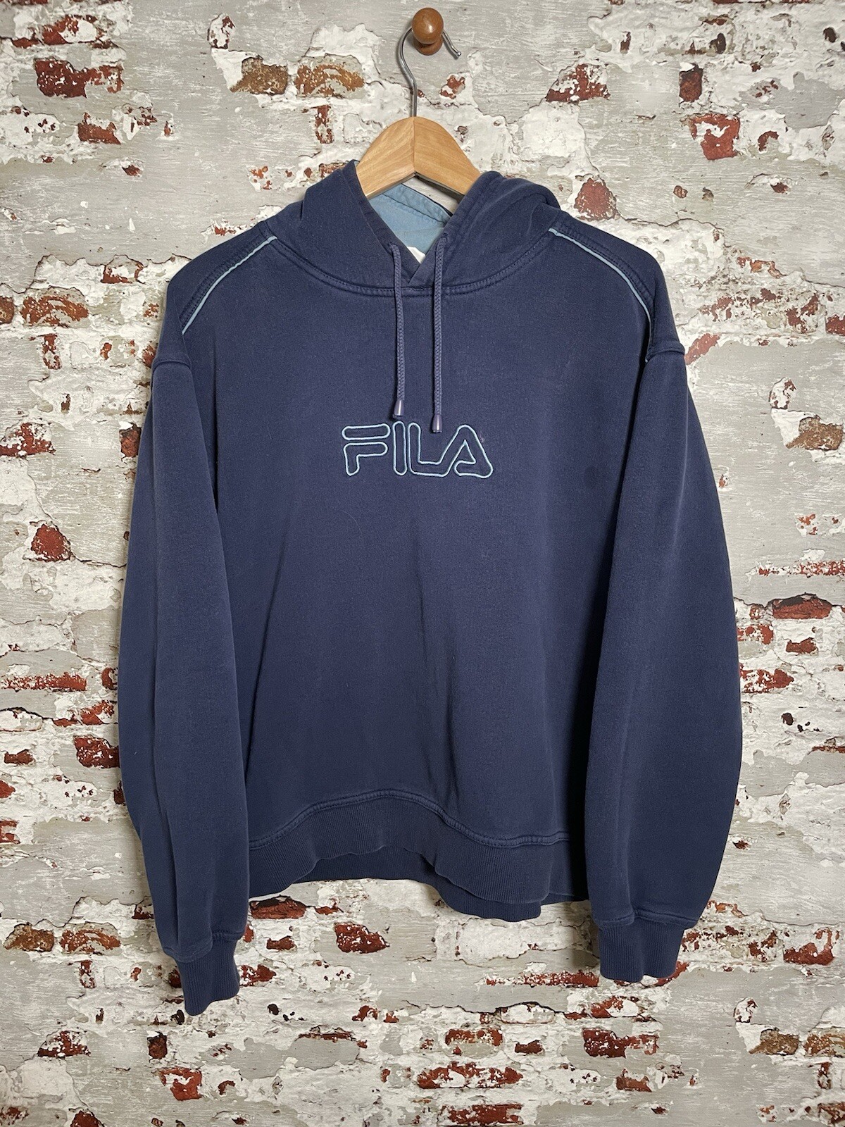 Felpa con cappuccio uomo Fila blu misto cotone taglia M media pullover segni in foto