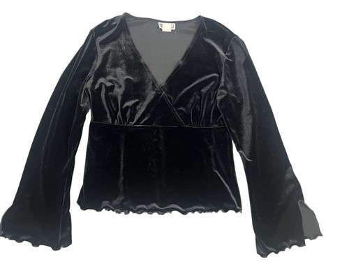 Y2K Black Velvet Bell Flared Sleeve Top 8 Medium Goth Grunge Witchy Whimsigoth