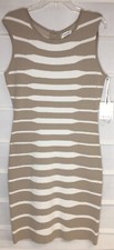 Calvin Klein Khaki & Cream Rayon Nylon Stretch Knit Sleeveless Dress M NWTS!