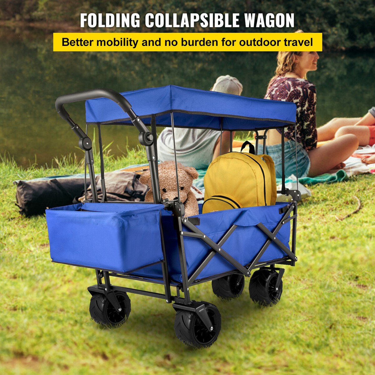 Chariot De Jardin Pliable VEVOR 4 Roues - Capacité 100 Kg, Poignée Réglable, Bleu