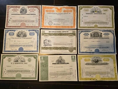 Lot of 9x Canceled Stock Certificates