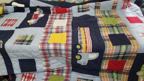 Pottery Barn Kids Cars Trucks Block Pattern Reversable Plaid Quilt Queen/Full
