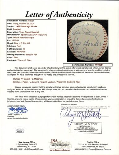 Beautiful 1965 Pittsburgh Pirates Team Signed National League Baseball JSA COA - Picture 2 of 7