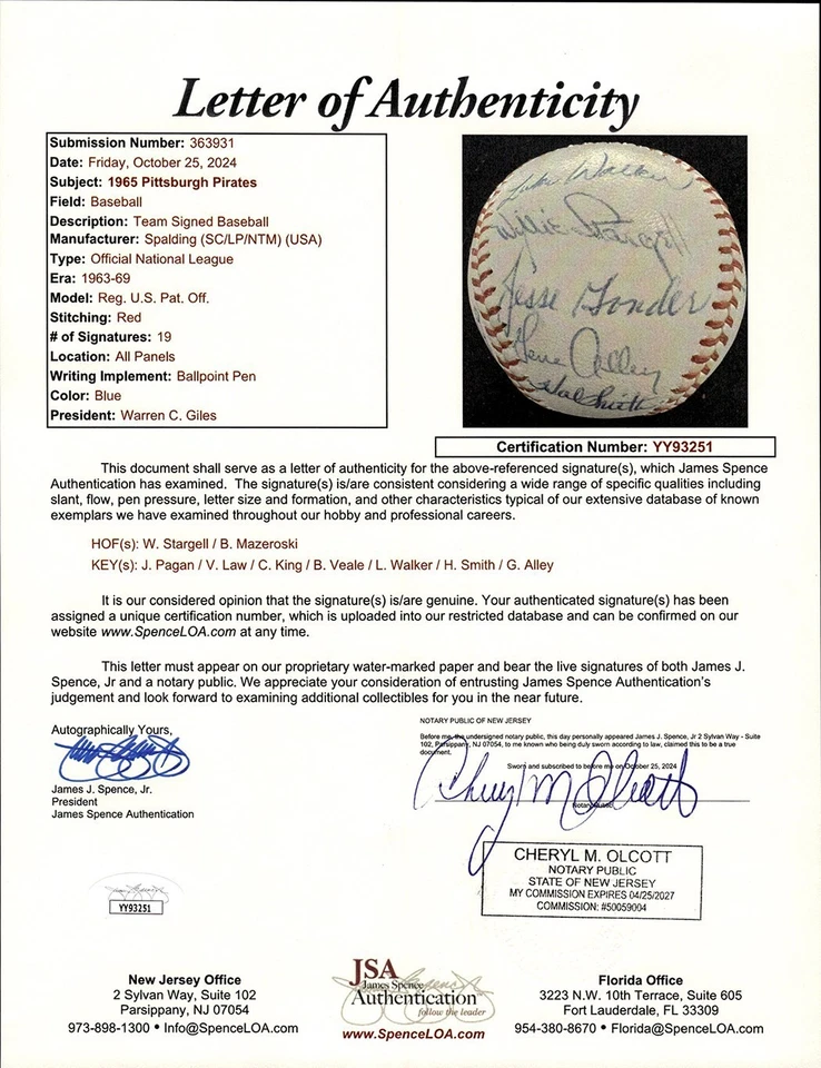 Beautiful 1965 Pittsburgh Pirates Team Signed National League Baseball JSA COA - Image 2 of 4