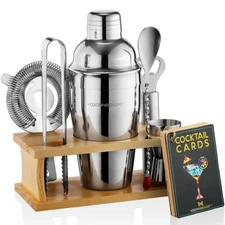 Modern Mixology 8 Piece Professional Cocktail Bar Set With Wooden Stand-New Seal