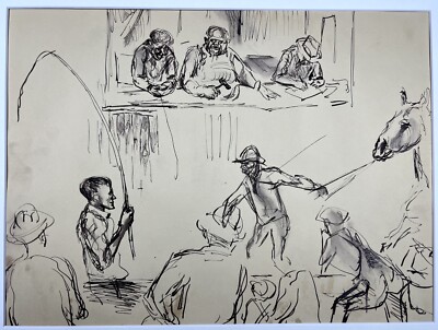 Bruce Handiside Mitchell Vintage Drawing Animal Auction Ring Buying Horses WPA
