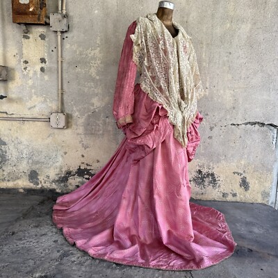 Antique Victorian Pink Silk Dot Print Dress Side Bustle Gown Lace 1880s  Vintage | eBay