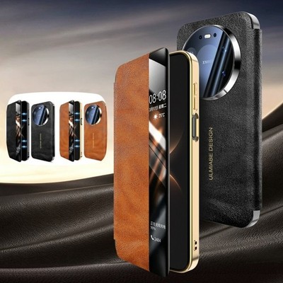 Magnetic Plating Smart View Genuine Leather Cover For Huawei Mate 80 70 RS / Pro