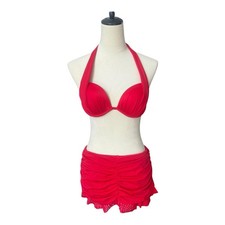 Venus early 2000  s red halter neck bikini set with ruched skirt and ruffle trim