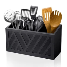 Utensil Holder Caddy with 3 Compartments, Wooden Flatware Cutlery Storage Org...