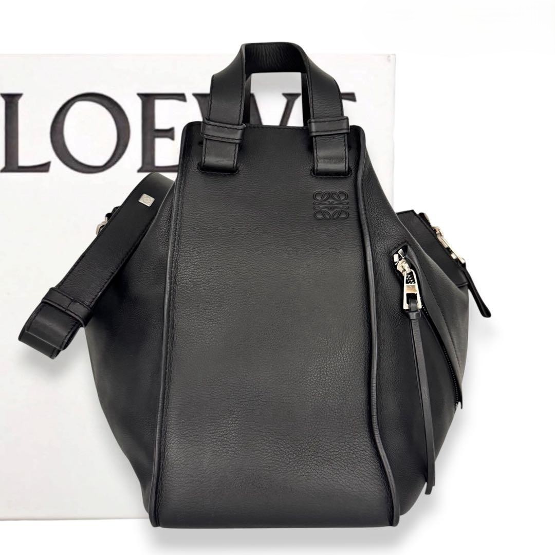 LOEWE Hammock Medium Anagram Embossed Leather Shoulder Bag Black Silver Hardware