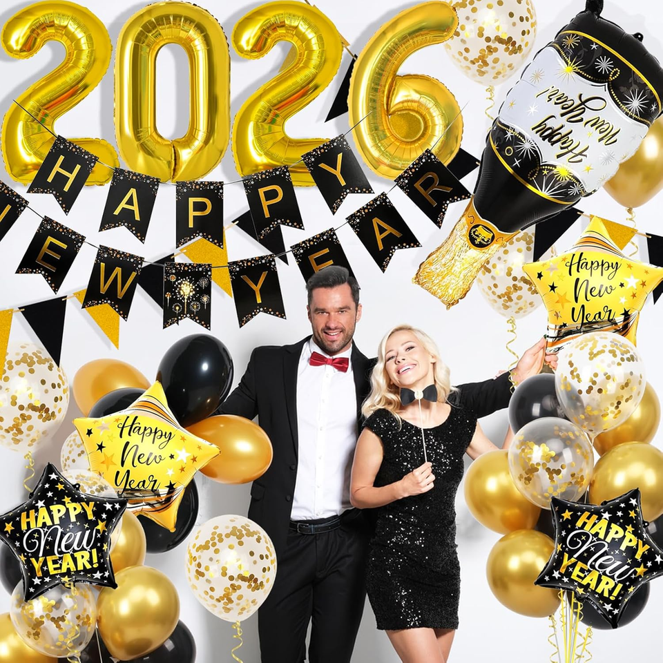 Decorazione di Capodanno 2026 Oro, Set di Decorazioni per Festa di Capodanno da 53 Pezzi, Palloncini Oro Nero Nuovo Kit, Banner di Felice Anno Nuovo, Stella Bottiglia di Champagne Palloncino Foil