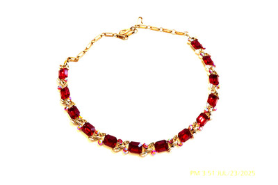 VINTAGE LISNER RUBY RED EMERALD CUT RHINESTONE NECKLACE