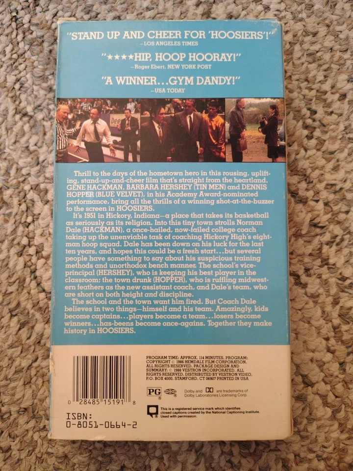 HOOSIERS VHS TAPE MOVIE LIVE HOME VIDEO DOUBLE WATERMARK SEAL INCLUDES INSERT Foto 2 de 3