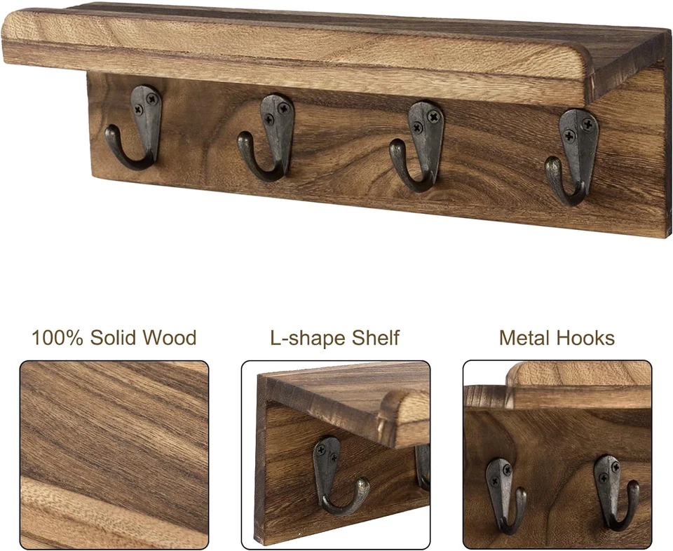 Rustic Key Holder for Wall, Farmhouse Wall Shelf with 4 Hooks, Wall Mounted Key - Image 3 of 4