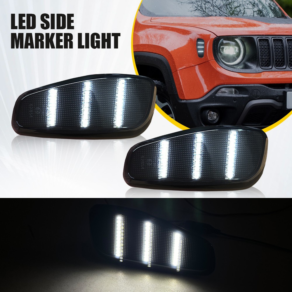 L R Smoked + LED White Marker Lights Side Fender for Lamps 2015-up Jeep Renegade