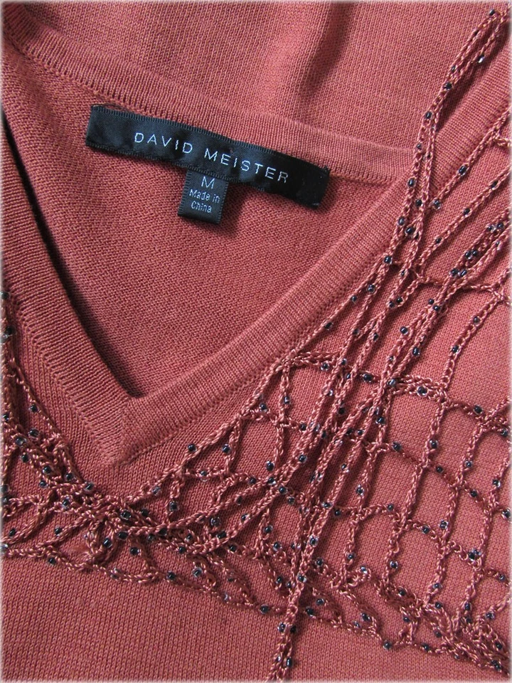 *FINAL MARKDOWN!* David Meister Terra Cotta Orange Beaded Silk Blend Knit Top M - Image 2 of 4