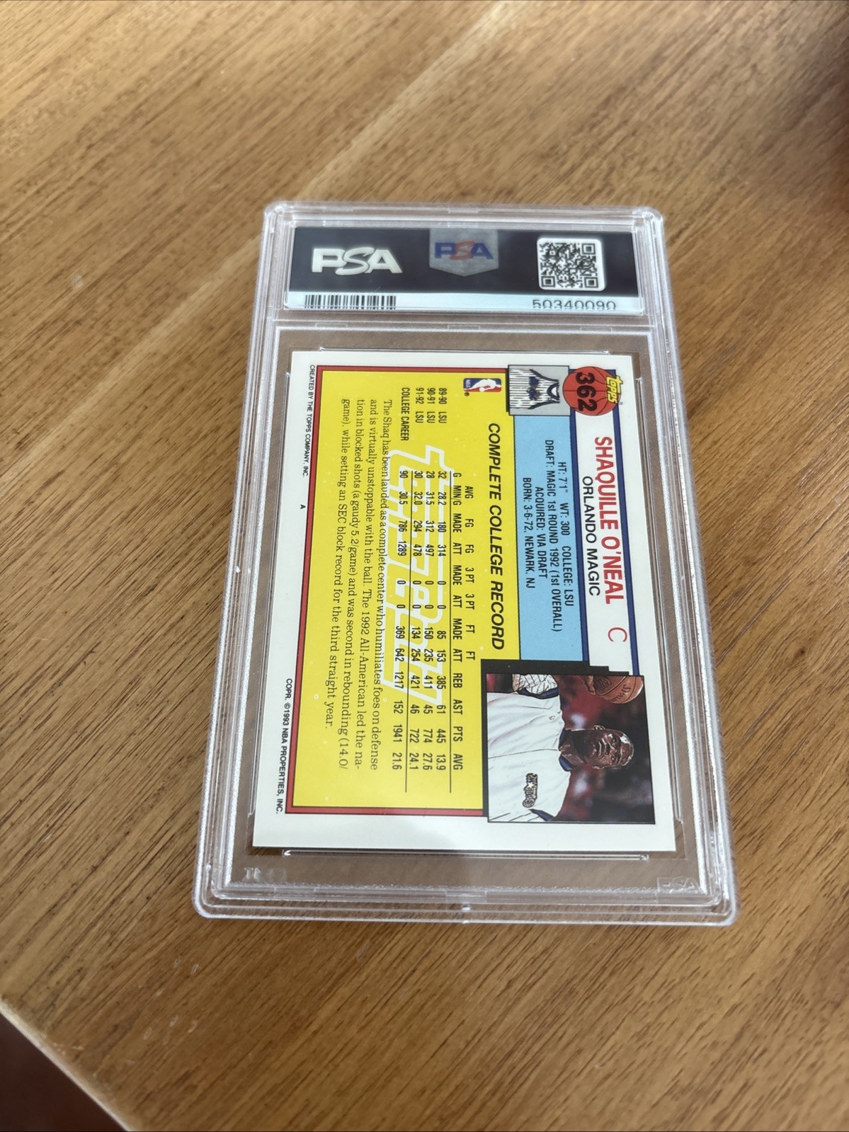1992 TOPPS GOLD #362 SHAQUILLE O'NEAL PSA 8 view 2