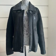 Cole Haan Black Shearling Coat size M Black Leather Jacket