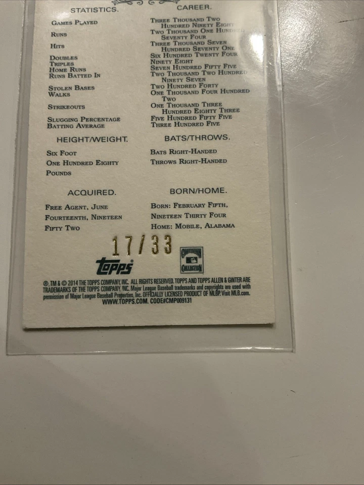 2014 Allen & Ginter Red Border Hank Aaron #17/33 Only 33 Exist  - Image 3 of 3