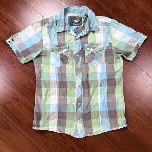 BKE Pearl Snap Shirt Mens Size Large Blue Green Plaid Slim Fit Short Sleeve - Picture 1 of 12