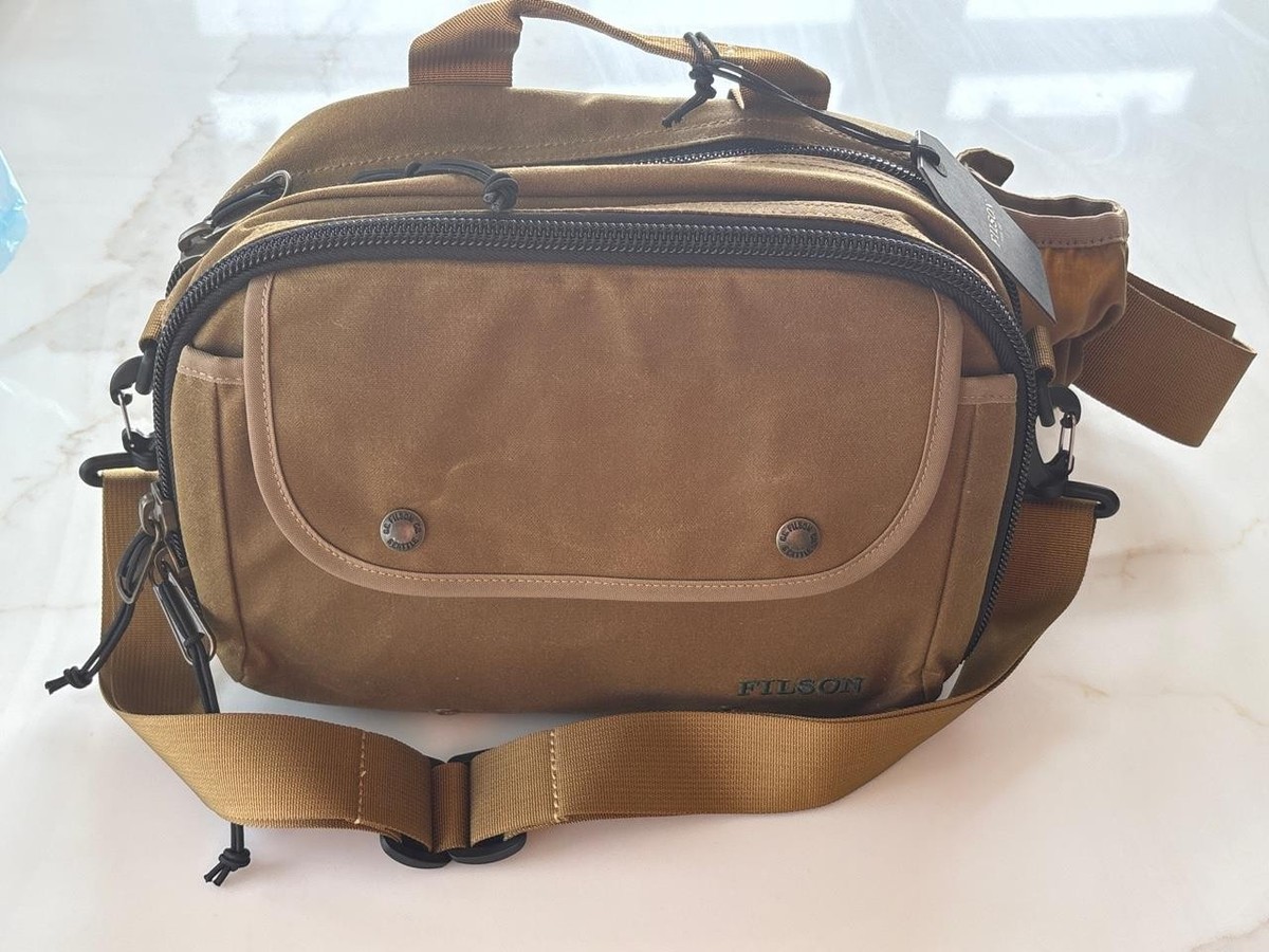 Filson Tin Cloth Fishing Pack Dark Tan Waxed Canvas Waist and