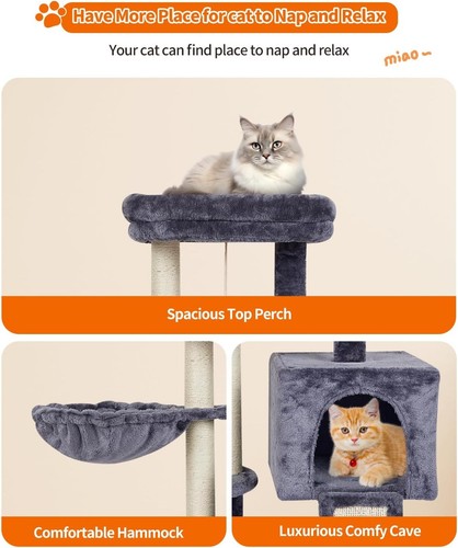 Stylish Smoky Grey Cat Tree with Hammock & Scratching Posts for Indoor Cats - Picture 7 of 9