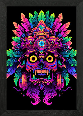 Azteken Maske Neon gerahmtes Wandbild Poster Leinwanddruck Bild