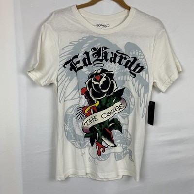 Ed Hardy Deh Corps Graphic Tee Small Ivory Rose Skull Wings Y2K NWT