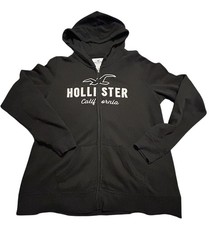 Hollister Hoodie Full Zip Beach Men's Black Stitched Script Logo West Coast Sz L