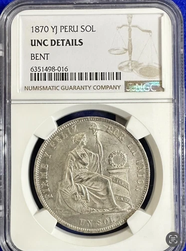 1870 YJ Peru Sol Silver Coin Unc Details Bent NGC Great Die Lines And Die Breaks