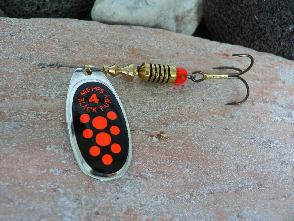 SPINNER MEPPS AGLIA BLACK FURY SILBER ALLE GROESSEN MIT PUNKTEN FLUO ROT