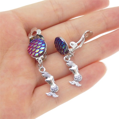 1pair Colorful Oval Shaped Fish Mermaid Scale Hook Cabochon Earring Clip Jewelry - Picture 4 of 13