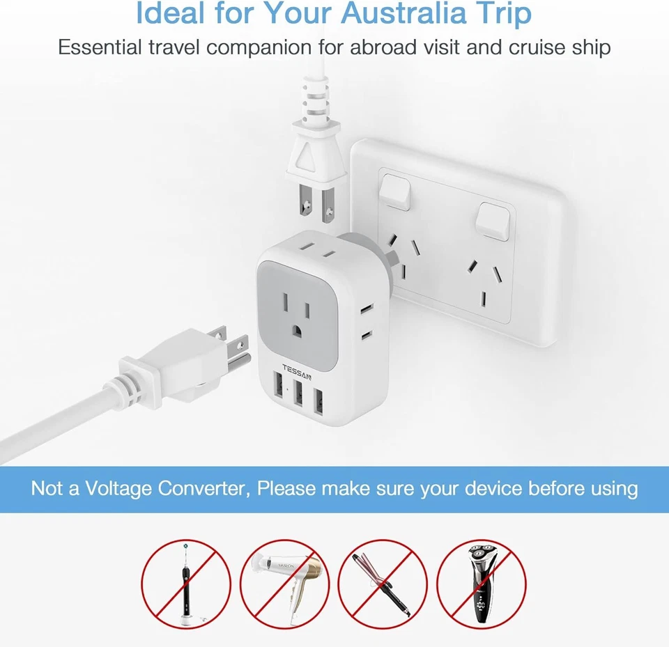 Australia Power Plug Adapter with 4 American Outlet 3 USB for US to New Zealand - Image 4 of 4