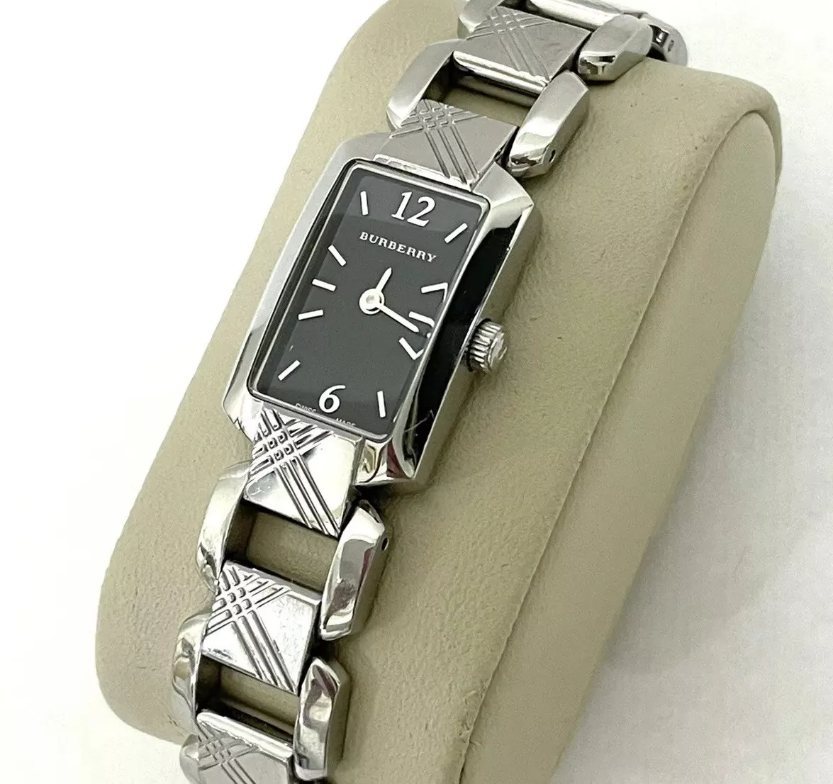 BURBERRY SILVER TONE BLACK DIAL RECTANGLE PETITE WOMEN S WATCH