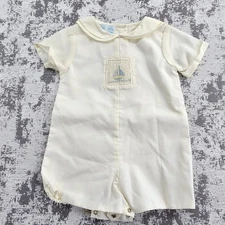Petit Ami Pale Yellow Sail Boat Newborn Baby Boy Romper One Piece Outfit Vintage