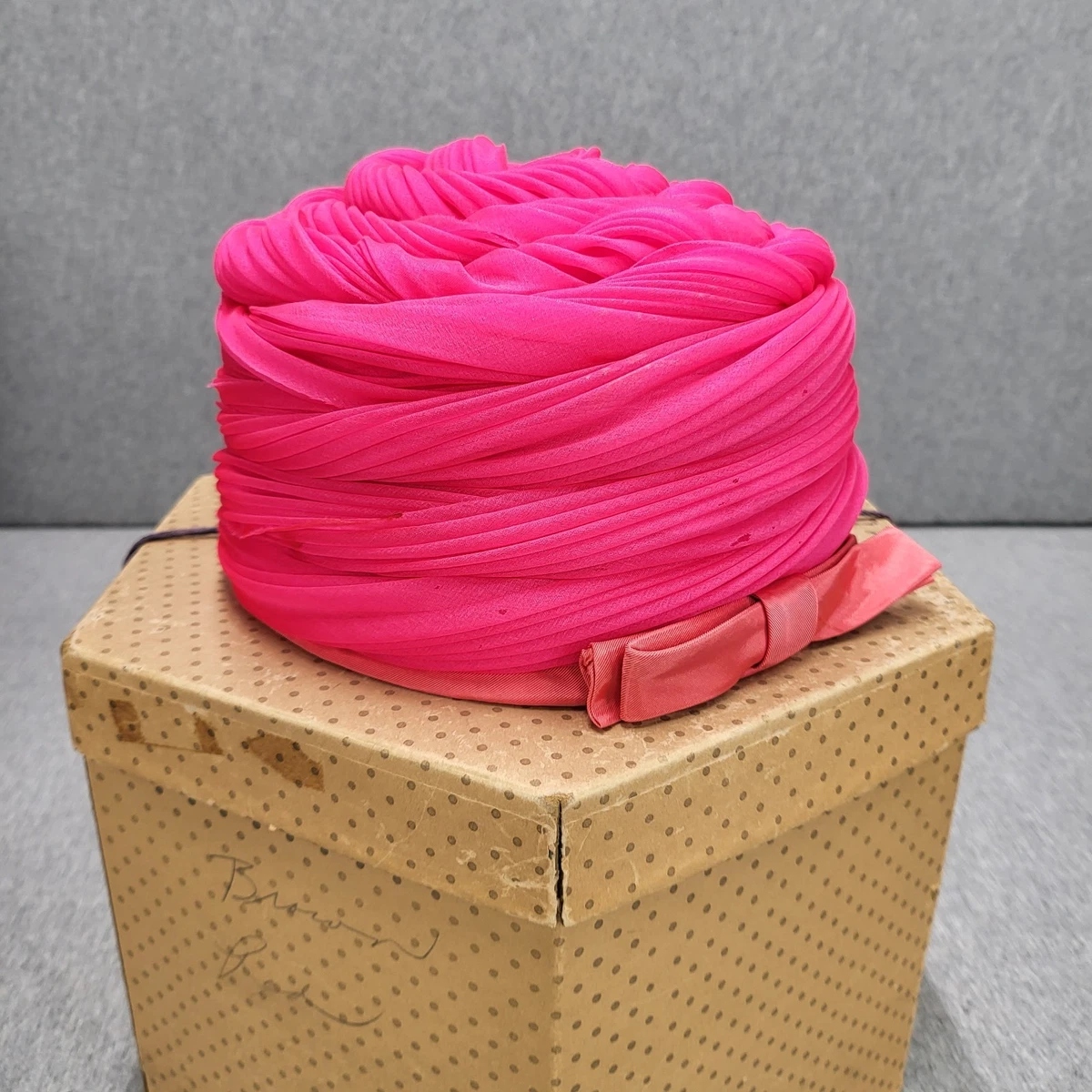 Vintage Magenta Pink Velvet Pillbox Hat Braided Satin Trim Retro Mid Century Vintage Hat, Fuchsia Pink Velvet, Feather and Rhinestone  main image 4