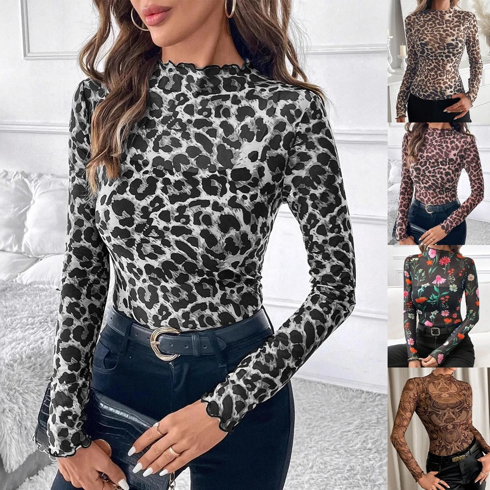 SEXY Ladies Long Sleeve Leopard Printed Slim Tops Mesh Stretch Shirts Blouse Tee
