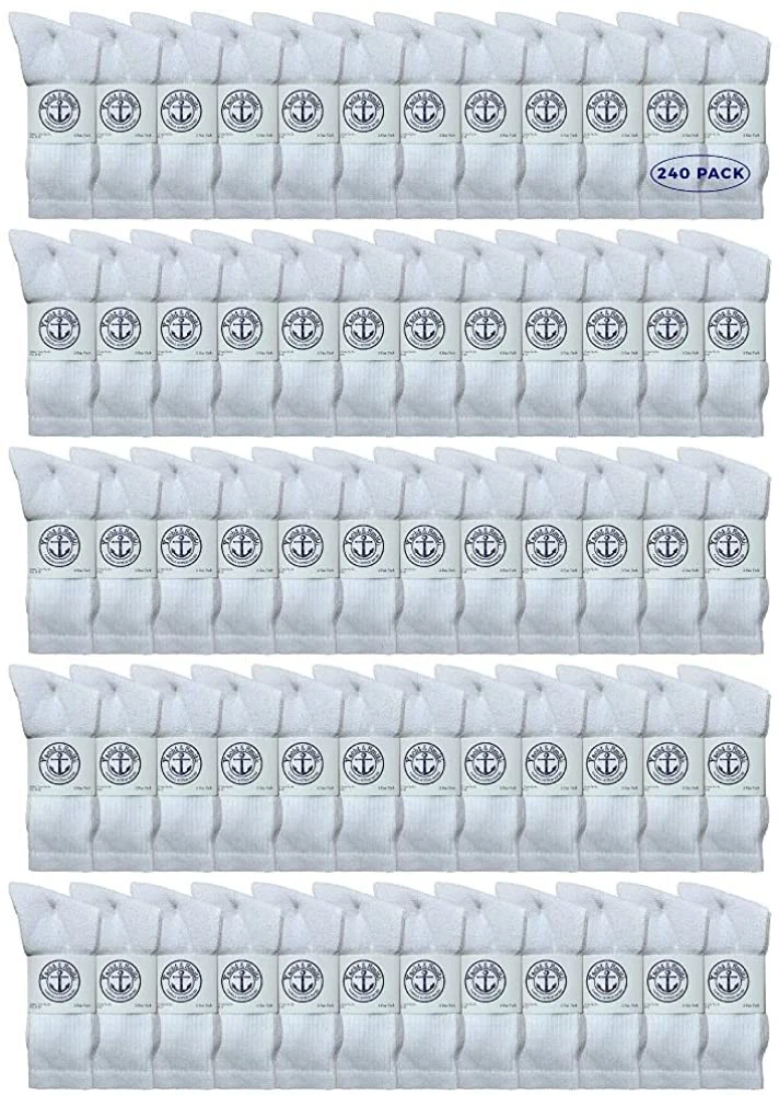 240 PK Mens Wholesale Bulk Cotton Socks,Sport Socks 8-12 (White)-Mens Crew Socks