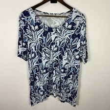 LOGO Lori Goldstein Top L Blue White Botanical Floral Knit Tunic Pockets