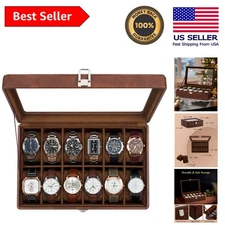 Elegant 12-Slot Watch Box with Glass Lid & Velvet Lining - Rustic Brown Design