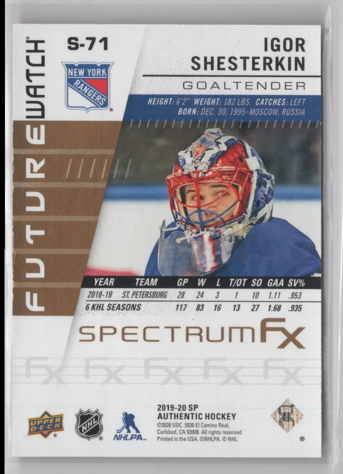 2019-20 SP Authentic Spectrum FX Igor Shesterkin New York Rangers #S-71 - Image 2 of 2