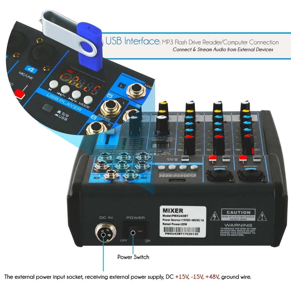 Pyle 4Ch Studio/DJ Controller Audio Mixer Console System w/USB & XLR PMXU43BT - Image 3 of 4