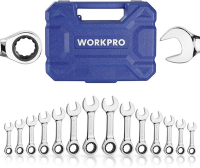 #ad #ad WORKPRO 14PC Ratcheting Combination Stubby Wrench Set Metric 10 18mm SAE 3 8 3 4 $70.99