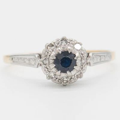 Gr. 57 - Art déco Saphir & Diamant 0,12 ct. Entourage Damenring in Gold 585/14K - Bild 1 von 4