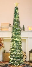 5 FT Pop Up Christmas Tree with Timer Lights, Tinsel Christmas Tree with Snow...
