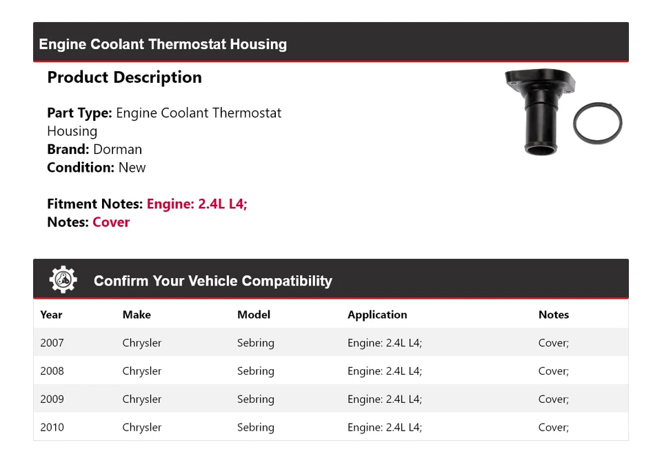 Carcasa termostato refrigerante motor Dorman 2,4 L L4 2007-2010 Chrysler Sebring Foto 2 de 4
