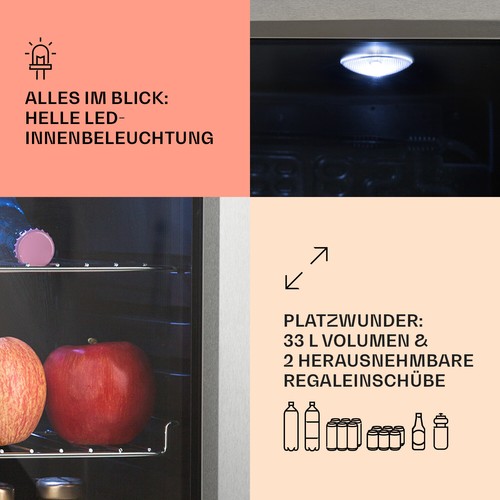 Minibar Weinkühler Getränkekühlschrank Glas 33 L LED leise freistehend Edelstahl - Bild 6 von 12