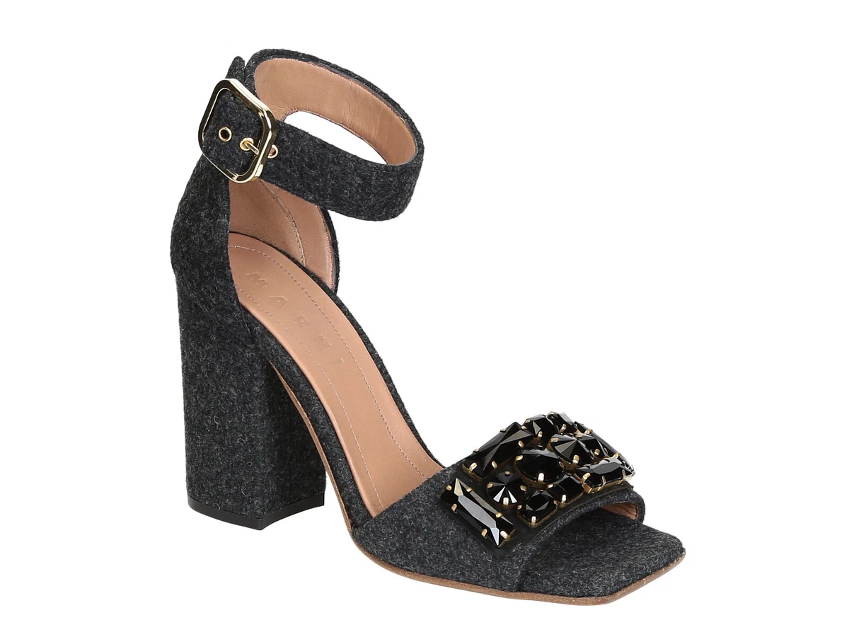 Marni high block heels sandals in Dark Gray Felt with crystals
